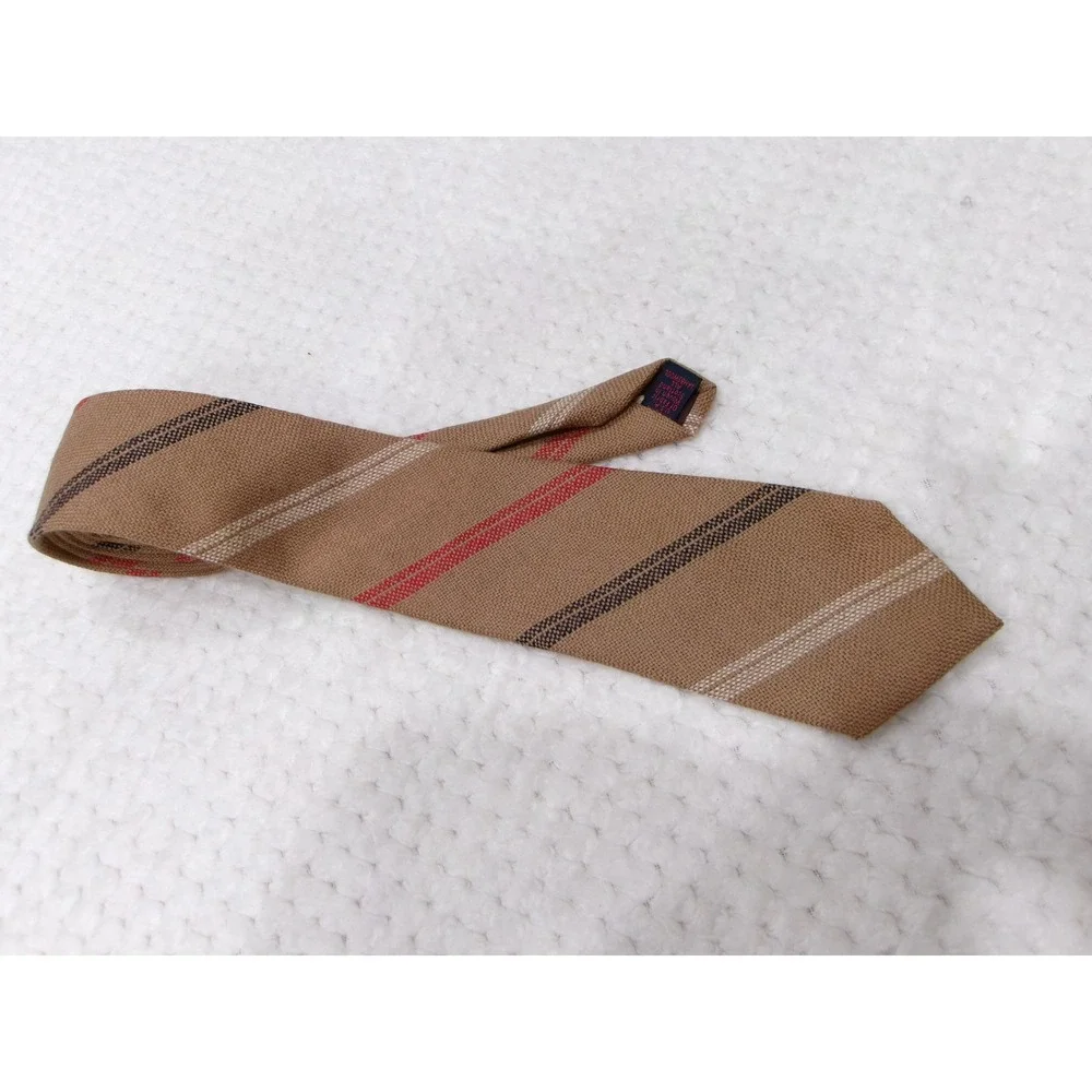 Rooster Mens 3x57 Necktie Tan Striped Scottish Lambswool Vintage Made in USA